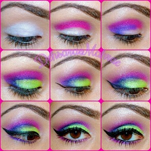 Pictorial: Start with a white base (nyx jumbo pencil in milk), add pink to the crease of your eyelid (make sure you blend), then purple right under the exisiting pink (Outter corner mostly, then drag it in the pink), lime green on the center( for brighter color make sure you pat & pack the shadow in. Winged eyeliner (this is just one way of doing it, I used l'oreal liquid liner & mac blacktrack) add the purple to your bottom lashline mixed with some pink. Mascara mascara mascara (or false lashes which ever you prefer) & to finish the look black eyeliner on the waterline. Enjoyy ((: ♥ 