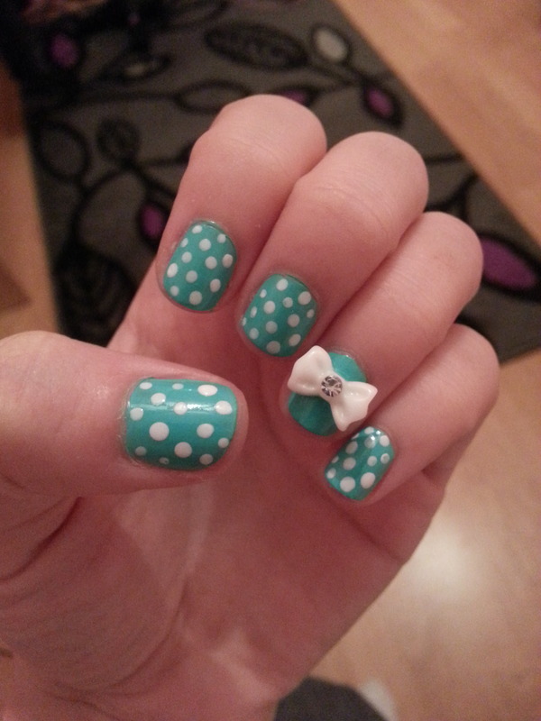 Turquoise Polka Dot And Bow Nails :) 