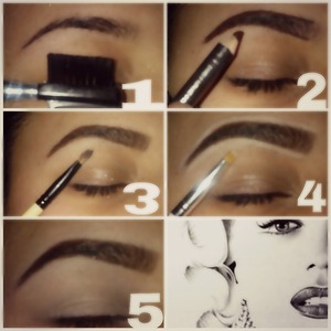 1.brush the brow. 2.line the top & bottom of the brow. 3.color in the whole brow. 4.clean up with concealer or foundation. 5.The finishing look.! :)