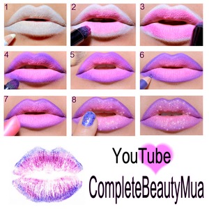 1) Apply base & draw the lips with white liner.
2) Apply pink lipstick or eyeshadow
3) Apply a darker pink lipstick or shadow
4) Carefully apply purple around the lips
5) BLEND the colors & CLEAN the edges
6) Define the edges with purple liner
7) Apply a sheer PINK lipstick all over the lips
8) Top off with glitter to finish the look! 