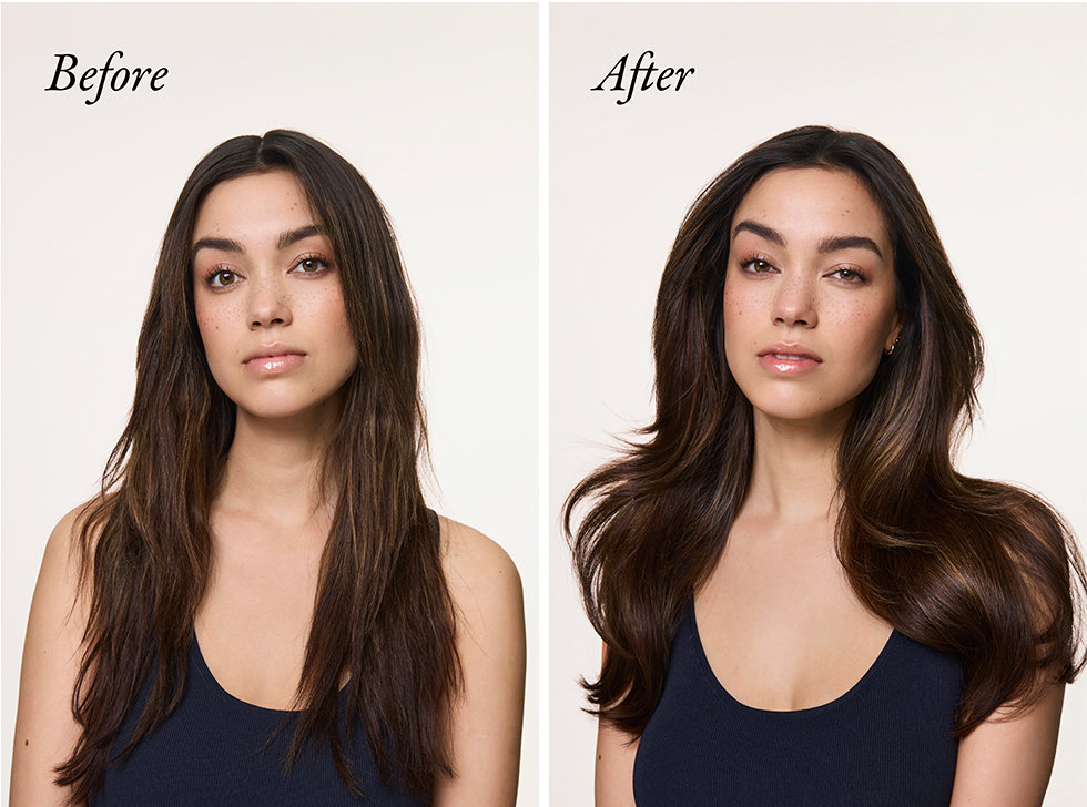 Oribe model before & after using the Mirror Rinse Glass Hair Treatment