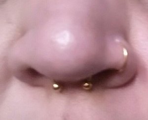 Gold nose hoop and septum piercings.