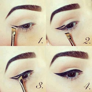 From http://www.stylemotivation.com/23-gorgeous-eye-makeup-tutorials/
- Tape as well helps to perfect your Wing, what you do is in step one apply the tape from outer lower lash line, angling the tape where you want the line to go. Apply the “Wing” part by following the line  that the tape created
