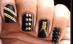 Garage Chic - Biker Studded Nails Art  Designs Zip Nail Water Decals How To DIY Nail Polish Easy