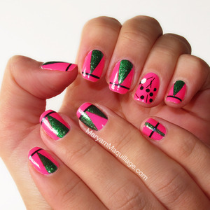 abstract nail art inspired by sprouting spring greens, juicy watermelon, Mardi Gras and Cirque du Soleil! More here: http://www.maryammaquillage.com/2013/02/pink-n-green-for-spring.html