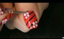 Red, black nails with white flowers!