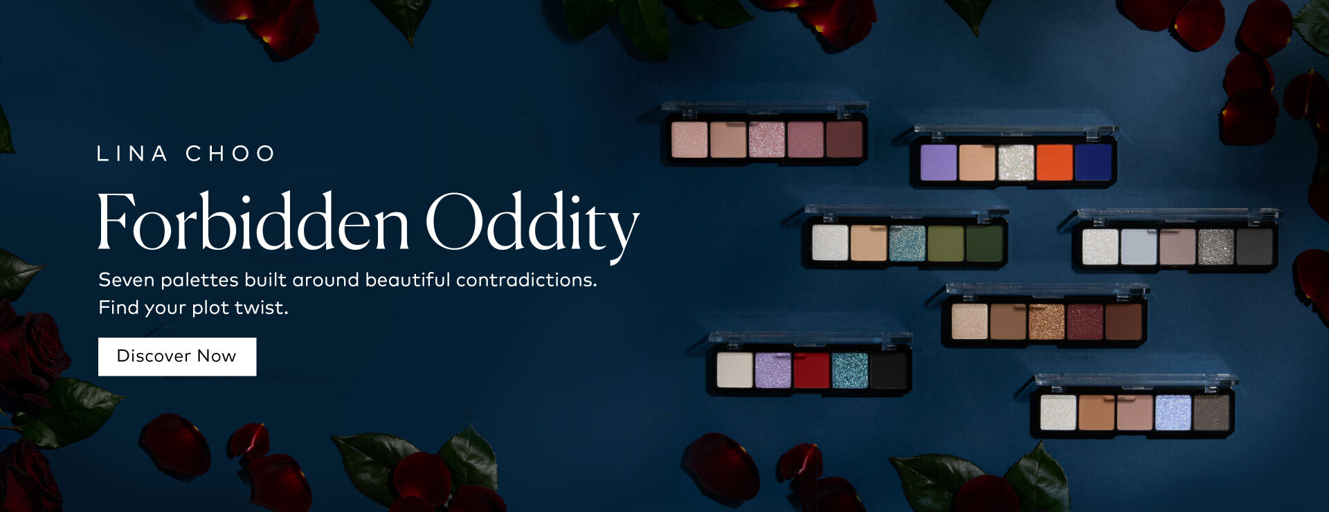 Seven 5-pan LINA CHOO palettes built around beautiful contradictions. Soft mattes meet strange shifts. Wearable neutrals sit next to electric color. Find your plot twist here at Beautylish.com