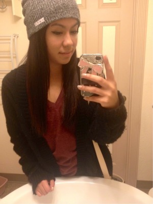 So warm in this cable-knit cardigan from Forever21, grey beanie from Zumiez, burgundy Tee Shirt from Forever21, cute studded bag from K-Mart. So warm ❥❥