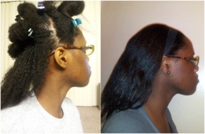 Dry texlaxed hair (left) and hair after flat ironing (right).  Texlaxing is the act of purposefully underprocessing your hair with a relaxer to retain some of your natural curl pattern.