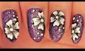 White Flowers on Glittery Purple nail art