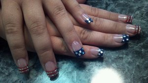 'American Flag' nails build with CND Acrylic, red & blue french tips + star & Swarovski Crystal accents.