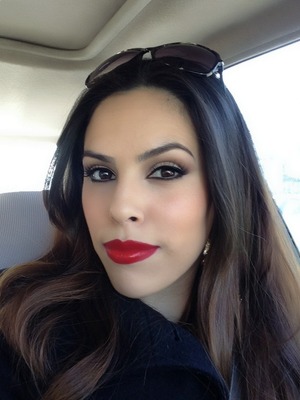 Clean neutral eye w/ lashes and a fab red lip!