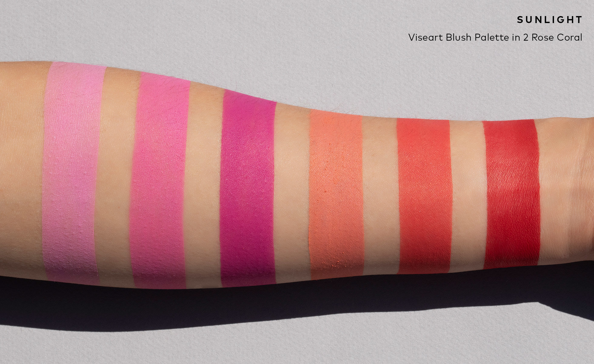 Viseart Blush Palette 2 Rose Coral Arm Swatches in Sunlight