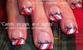 easy red candy cane tips with blue and green christmas lights: robin moses nail art tutorial 538