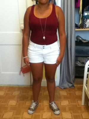 Coach shoes, pinhead necklace,wine shirt and white shorts