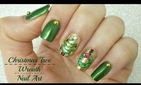 Festive Christmas Tree and Wreath Nail Art!