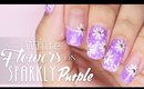 White Flowers on Sparkly Purple nail art