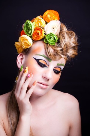 A beautiful woman with colorful color & makeup. I designed hair makeup, nail and I did the photograph too.
I used bio sculpture gel nail colors for my nail design and some rhinestone.