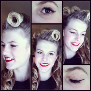 hotd: victory rolls with barrel curl. Makeup- cat eyes and red lipstick
