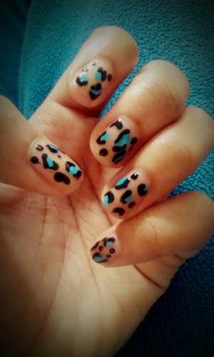 Blue and black leopard design on my plain nails with a clear top coat.