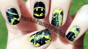 I had a request on my facebook page to do a batman nail art design and this is what I came up with. The batman symbol isn't as hard as it looks, and I absolutely love the way the splatter nails turned out! The black is Sinful Colors Black on Black and the Yellow is Sally Hansen Xtreme Wear Mellow Yellow.