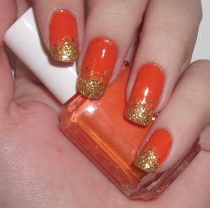 Essie Fear or Desire with gold glitter gradient tips using China Glaze Blonde Bombshell.