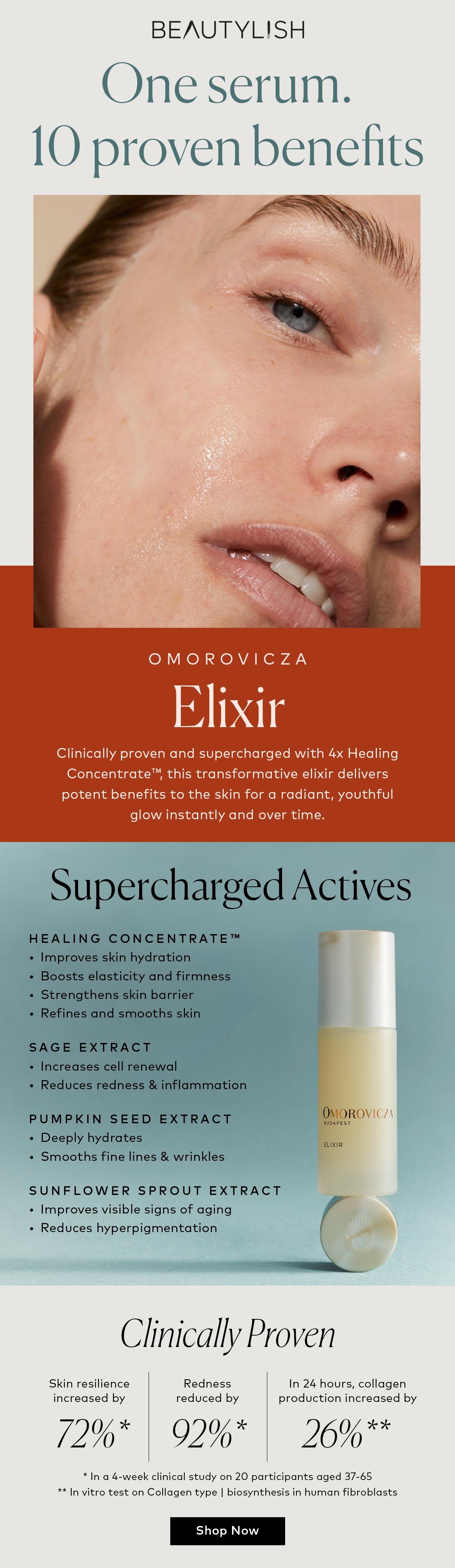Clinically proven and supercharged with 4x Healing Concentrate™, this transformative elixir delivers potent benefits to the skin for a radiant, youthful glow instantly and over time. Shop the Omorovicza Elixir at Beautylish.com