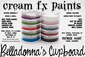 Released August 15th, 2014 at Crypticon Kansas City. Long lasting, holds up through sweat and high activity, glides onto skin easily, good for details and good for blending. 20 grams of each color. Washes off easily with soap and water. Soon to be the gold standard of the FX paint world. Truly versatile! $45 for the set. 

www.belladonnascupboard.com
https://twitter.com/BellaDCupboard
http://instagram.com/belladonnascupboard
https://www.tumblr.com/blog/belladonnascupboard

Product Photography by Simon Kuo 