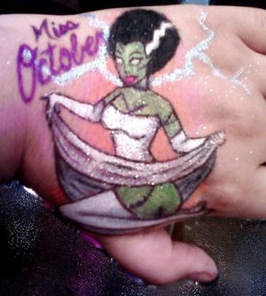 A pic of the Bride of Frankenstein for my birth month on my hand in all eye shadow and makeup medium.