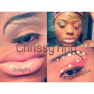Rhinestones, basic warm tones.. And a natural eye. With pale pink lips.