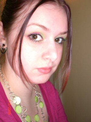 lime green and pink sparkling eyeshadow, Necklace made by me.