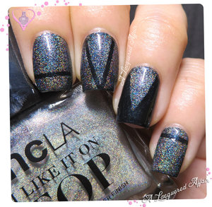 Striping tape nail art with NCLA Shimmer Me Pretty holographic topcoat over COVET London Captain.

More details on the blog: http://www.alacqueredaffair.com/Covet-London-Captain-Cassiopeia-NCLA-Shimmer-Me-Pretty-34738621