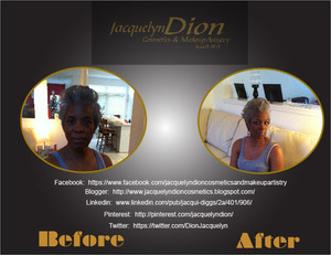 JacquelynDion gave this grandma a sassy new look with  a more up to date hair cut  (Natural Hair)  and  a  temporary face lift using air brush makeup artistry.