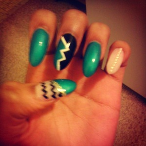 turquoise, black ,white nails 