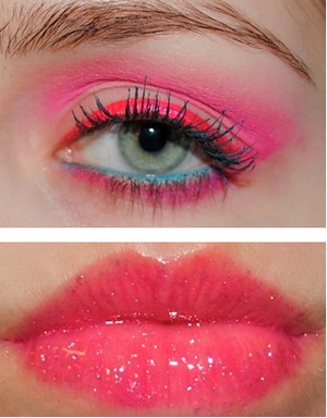 Bright pink and blue. Logically, sparkly pink lips followed.