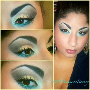 Soft pretty gold colors with a turquoise eyeshadow on the bottom line 