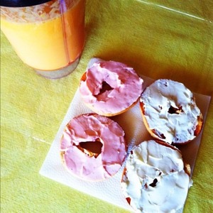 I like to enjoy a fruit smoothie and a bagel with strawberry cream cheese as well as regular. 
