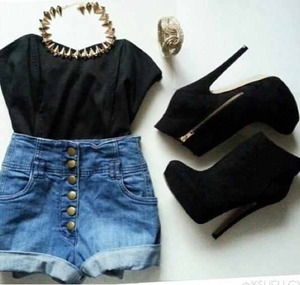Blue Waist Shorts, Black Top, Ankle Boot Heels, Gold Accessories 