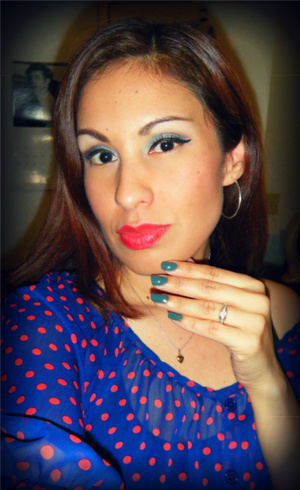 I have to thank my niece Chantel for introducing me to Aussie's 3 minute miracle, used it last night and this picture is from today. My hair is baby soft and so shiny. The polish in not from the Kardashian collection but it is Nicole by OPI, color is called Green up your Act. Not a "pretty" color but I thought it was so unique. On the lips is my newest Revlon lip butter, Candy Apple. Eyes, I have on Maybelline color tattoo in audacious asphalt, crease and brow bone some Wet n' Wild plum and cream. 