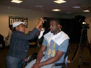 Doing makeup on Dwayne Wade by Candace Corey for Gatorage commercial.
