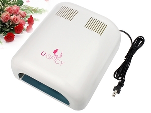 USpicy 36W Nail Dryer Gel UV Lamp White US Version dry in second...and gel get stronger  from http://www.amazon.com/USpicy-USND-3601-Professional-Sliding-Version/dp/B007VIFUR2/ref=sr_1_53?s=beauty&ie=UTF8&qid=1337650078&sr=1-53