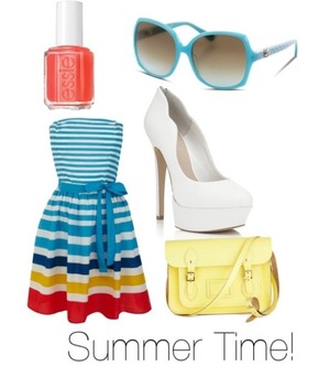 Summer Dress, Teal Sun Glasses, White Pump, Yellow Handbag.