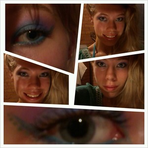 Aqua liner with teal, blue, green and purple\violet shadows (all mooloola), covergirl exact eyelights in Blue. No foundation\lipstick (just messing around) :)