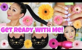 GET READY WITH ME: BRIGHT LIP, MAKEUP,  SLEEK PONYTAIL + OUTFIT!
