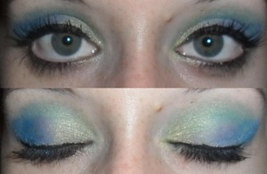 gold, green, blue and purple eye shadowused to create a 