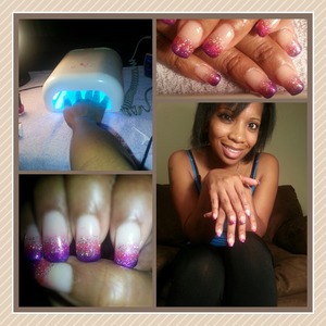Gel nails sculpted using building stickers,  did gradient method using kleancolor purple & pink followed by a glitter 