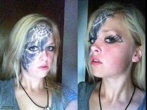 I did this on Halloween was very fun and simple. Paste Halloween Makeup you find at Halloween store, piece of lace and some eye shadow, finish it off with eyeliner and mascara