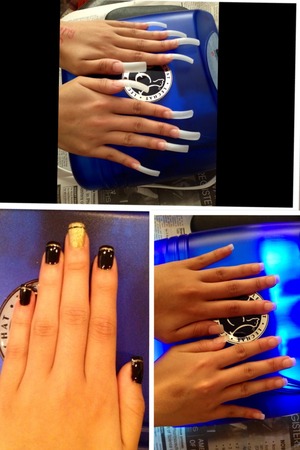 Natural nail tips, lechat powder gel, black and gold gel polish, and cm nails art polish.