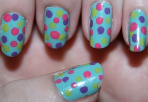 Base - China Glaze For Audrey. Dots - China Glaze Spontaneous and Sugar High, Sally Hansen Xtreme Wear Green With Envy