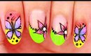 Butterflies & Flowers on Neon nail art